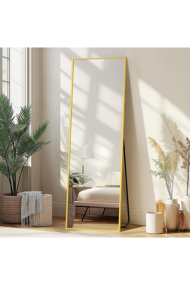 Full Length Mirror with Stand, 56x15 Gold Floor Mirror | Aluminium alloy frame with HD float glass for distortion-free reflection. Free standing or wall mounted.