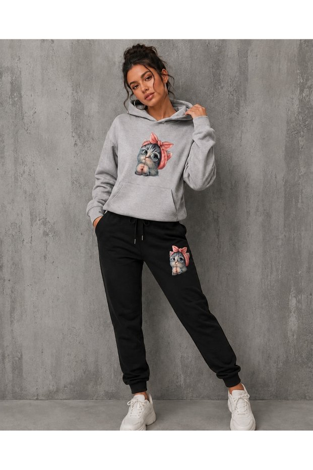 Hooded Sweatshirt 2-Piece Combination Winter Fleece Cute Cat Printed Women's / Girls' Model