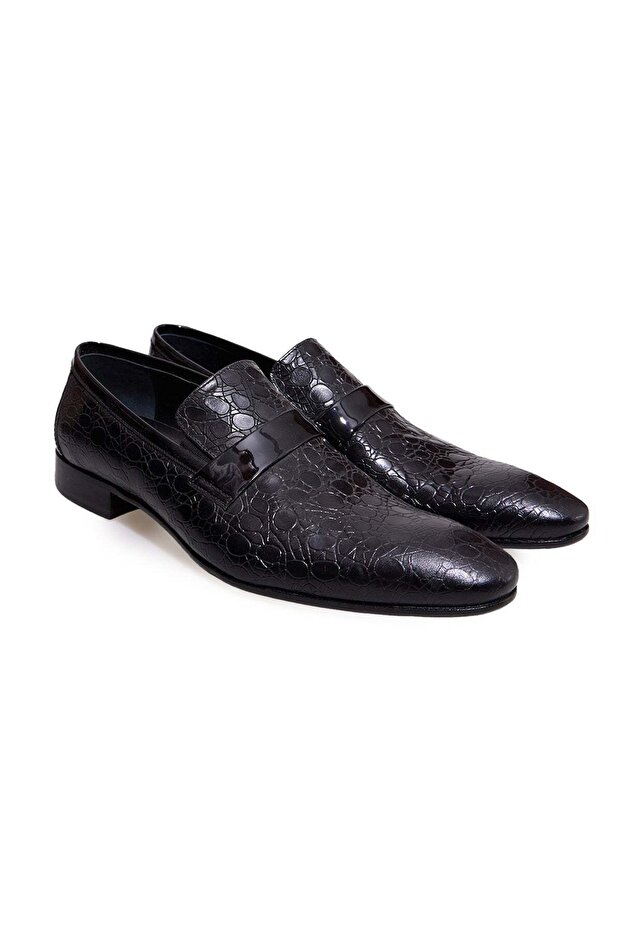 Black Color Laceless Genuine Leather Men's Shoes