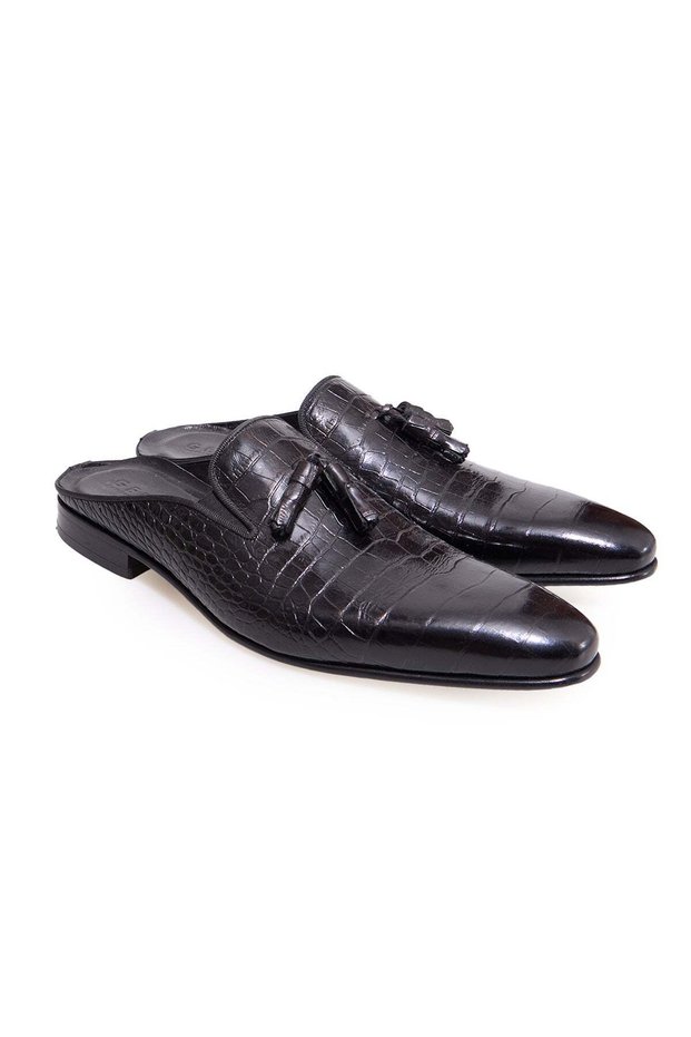 Black Color Laceless Genuine Leather Men's Half Shoes