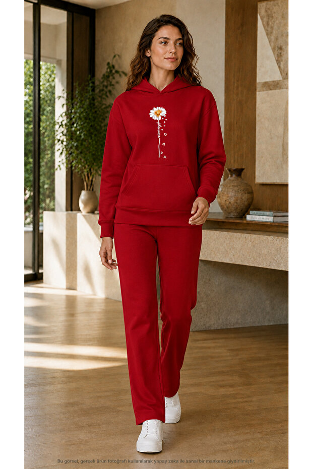 Women's Daisy Spilt Hearts Printed 2-Piece Tracksuit Set/Round Neck Sweatshirt and Straight Leg Bottom