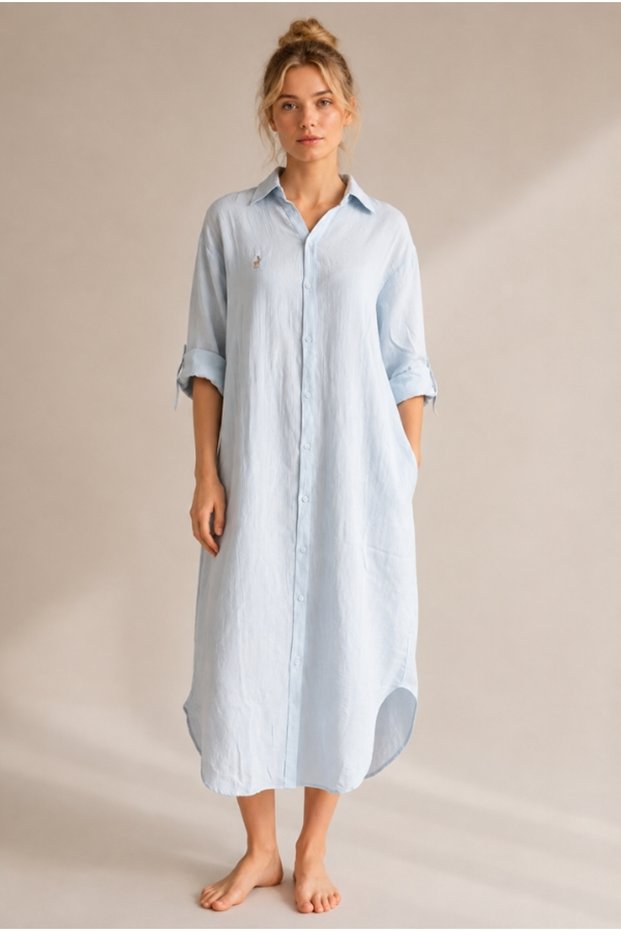 Women's Baby Blue Long Shirt Muslin 100% Cotton Oversize Dress - Without Belt