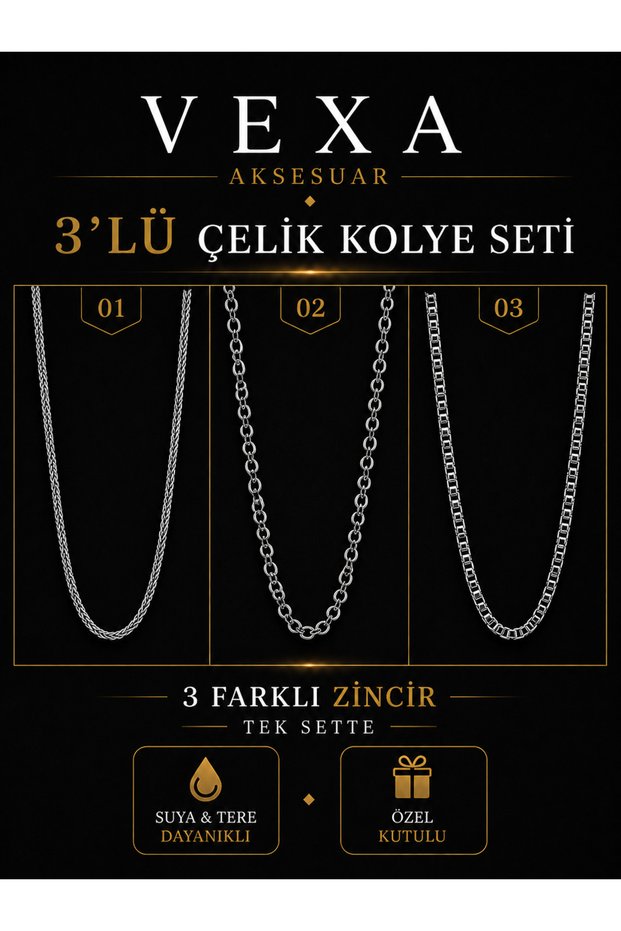 Vexa Accessory Trio Steel Necklace Set Silver Color Tarnish Resistant Steel Necklace Unisex