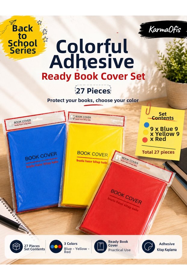 27 Pieces of Colorful Adhesive Ready-To-Use Book Covers Set Blue Yellow Red – for School Books