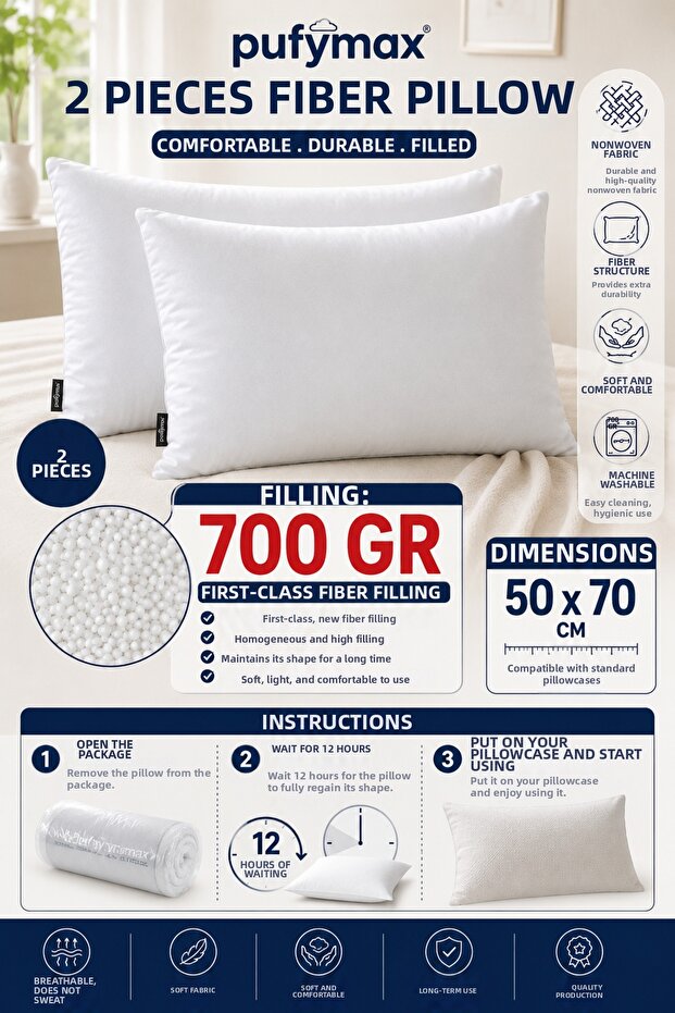 2 Pieces Home Hotel Comfortable Sleeping Pillow, 1St Quality Beaded Silicone 700 Gr Pillow with Fabric Cover
