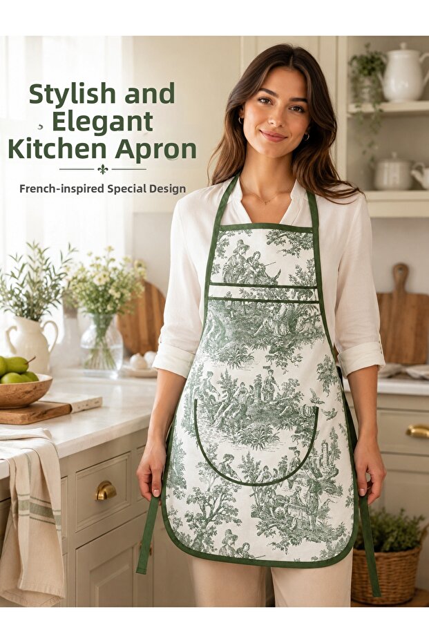 Kitchen Apron with French Pattern, Stain-Resistant, Water-Repellent, Colorfast Fabric, Women's Cooking Apron with Pockets