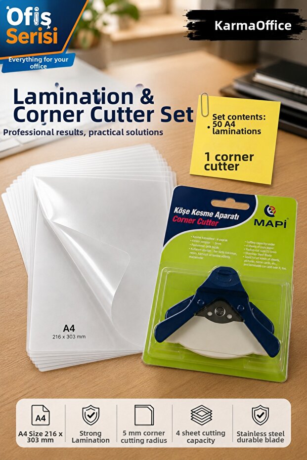 A4 Laminating Film 50 Pieces – 216X303 mm and Blue Corner Cutting Tool Set 5 mm Corner Rounder