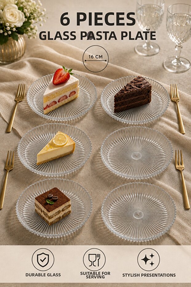 6-Piece Striped Glass Cake Plate Set 16 cm – Dessert, Cake, and Presentation Plate