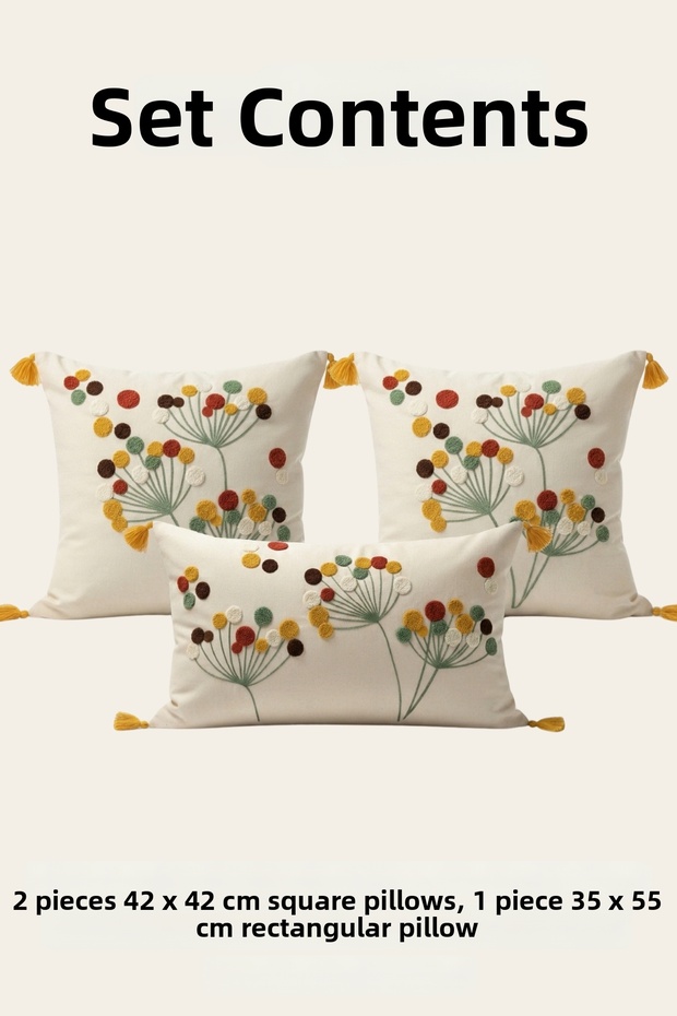 Polen Flora Punch Embroidered 3-Piece Decorative Throw Pillow Cover Set 2 Pieces 42X42 cm + 1 Piece 35X55 cm