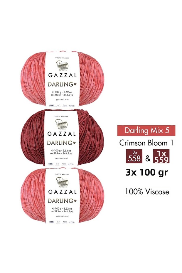Darling Mix 5 - 100% Viscose Yarn 3-Color Combination – Crimson Bloom 1 – 3 X 100 g