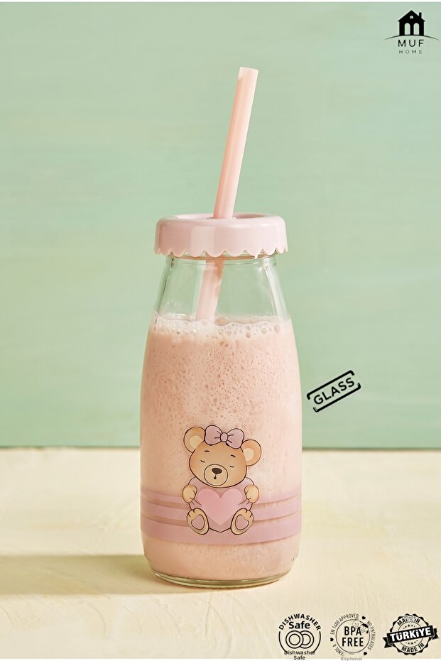 250 ml Milk Bottle with Glass Straw, Children's Milk and Beverage Bottle, Educational Training Cup - Bpa Free