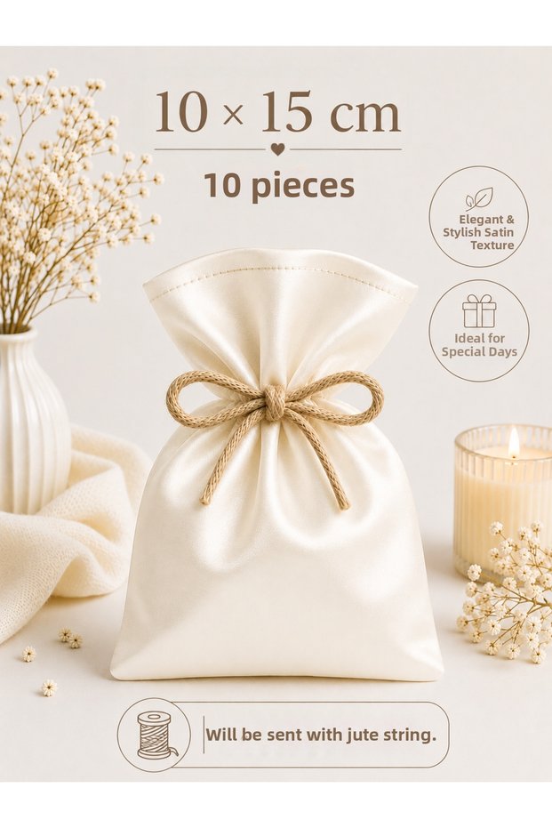 10X15 cm 10 Pieces Satin Pouches Ecru Color – Jute Drawstring Gift Pouch, Wedding Henna Promise Engagement