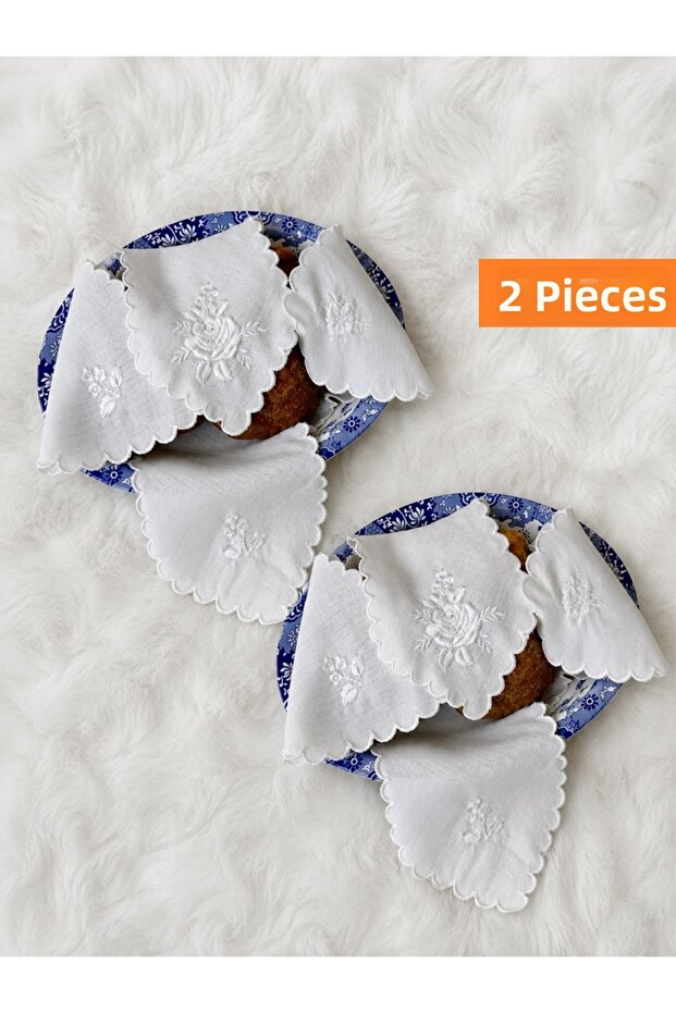 Set of 2 White Rose Embroidered Bread Covers