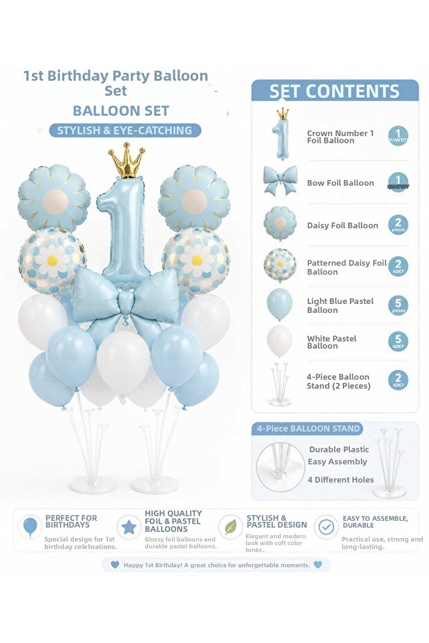 Blue Birthday Set with Bow Foil 1 Year Old Retro Concept Balloon Celebration Fun