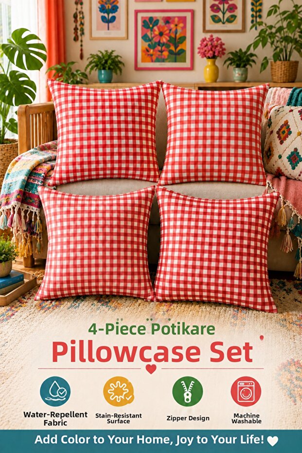 Set of 4 Colorful Gingham Cushion Covers 43X43 cm – Liquid-Proof and Stain-Resistant Fabric