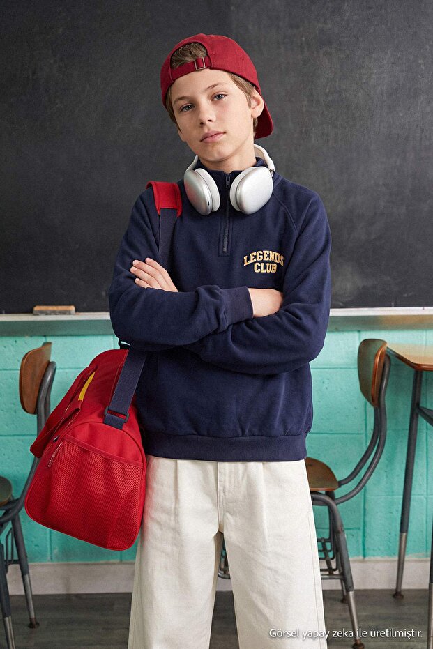 Navy Blue Boy's Stand Collar Zippered Embroidered Thick Non-Embossed Knitted Sweatshirt Tkdaw27Sw00012