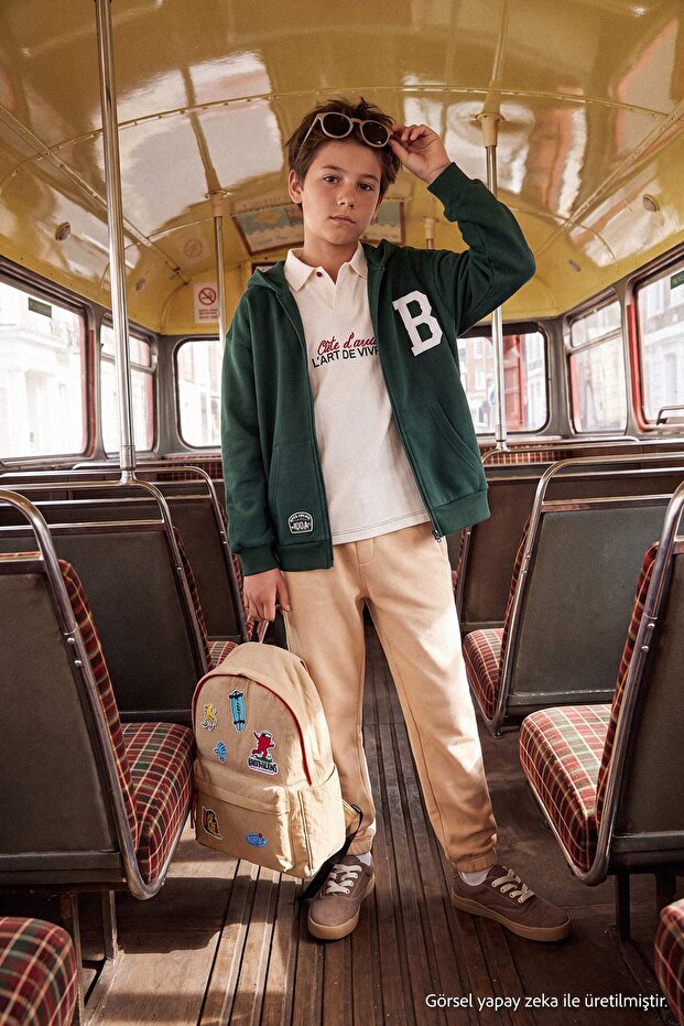 Beige Boys' Plain/Basic Jogger Thick Non-Embossed Knitted Sweatpants Tkdaw27Ea00009