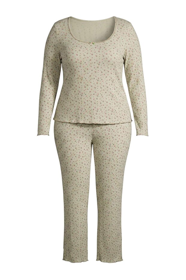 Mint Crispy Floral Patterned Knitted Plus Size Pajama Set