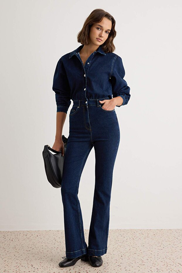 Limited Edition Koyu Mavi Uzun Kollu Geniş Paça Az Esnek Denim Tulum TWOSS26TU00002
