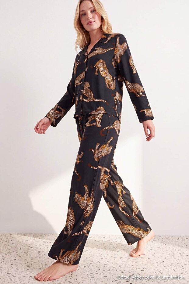 Black Tiger Patterned Viscose Woven Pajama Set Thmaw24Pt00092