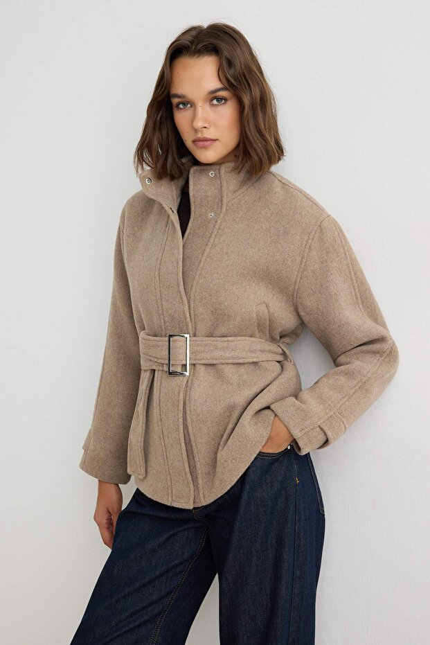 Mink Stand Collar Belted Mono Closure Regular Midi Cashmere Coat Twoaw27Kb00025