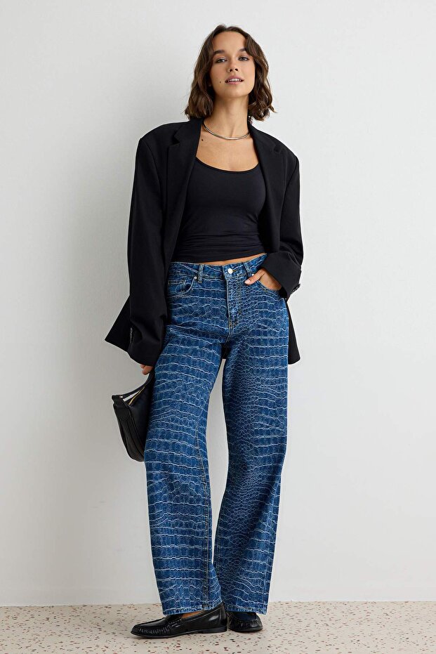 Mavi Timsah Desenli Yüksek Bel Wide Leg Jeans TWOAW27JE00185