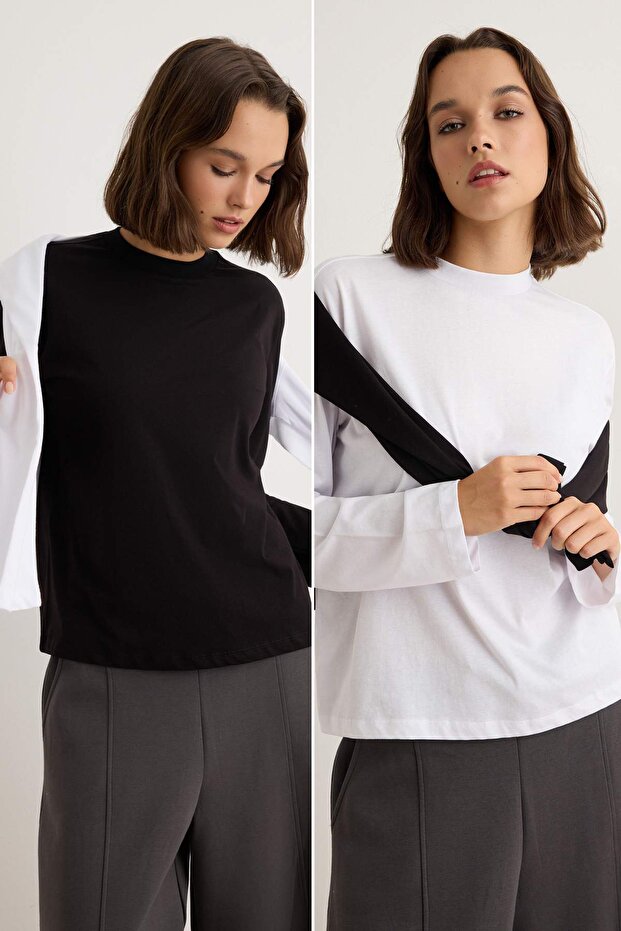 Siyah-Beyaz 2'li Paket %100 Pamuk Regular Kalıp Uzun Kollu Dik Yaka Örme T-Shirt TWOAW26TS00006