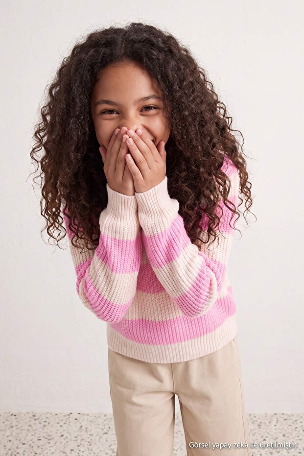Pink Girls' Striped Crew Neck Knitwear Sweater Tkdaw27Kz00020