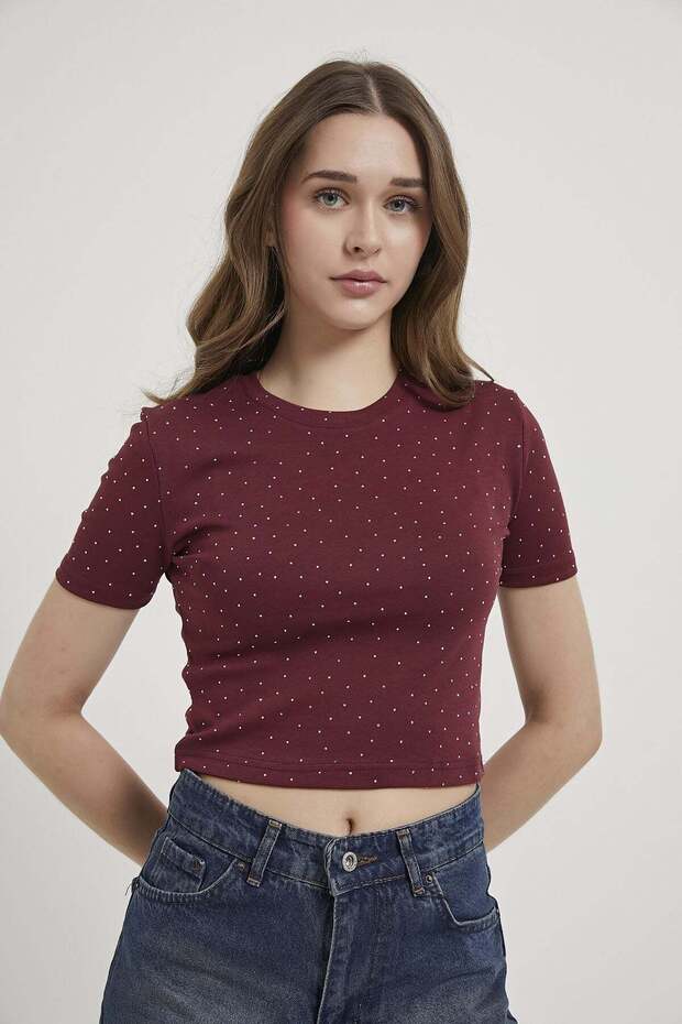 Crew Neck Stoned Crop Premium T-Shirt