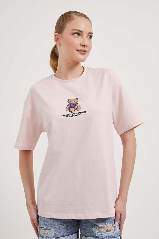 Women's Teddy Bear Embroidery Patterned Summer Powder Loose T-Shirt
