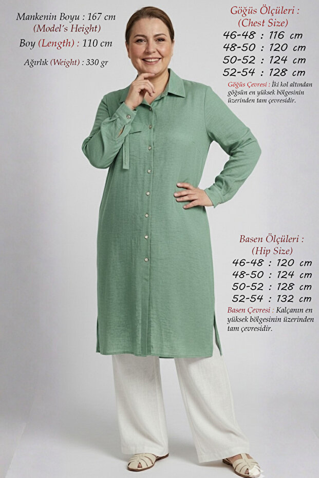 Plus Size Relaxed Fit Seasonal Hijab Cotton Linen Mother's Shirt with Side Slits and Stone Accessory Detail Long Tunic Green