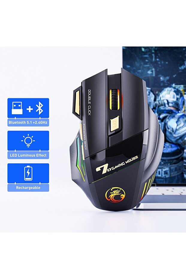 ماوس ألعاب لاسلكي IMICE GW-X7 ثنائي الوضع، بدقة 3200 نقطة في البوصة، 7 أزرار قابلة للبرمجة، إضاءة خلفية RGB