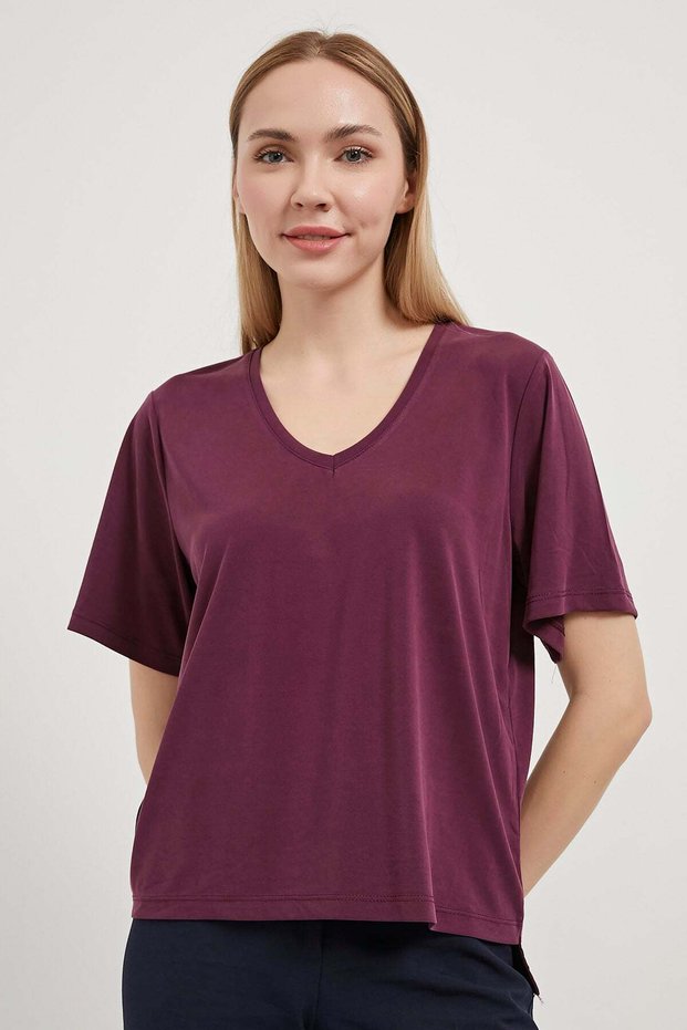 Women's V-Neck Modal Loose Burgundy Short Sleeve T-Shirt