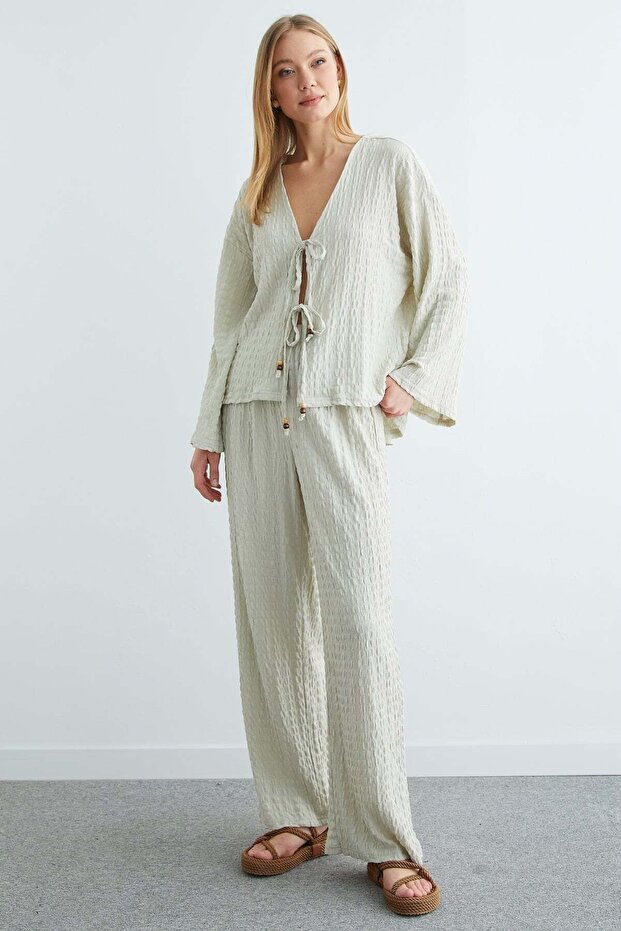 Front-Tied Textured Kimono 2-Piece Set