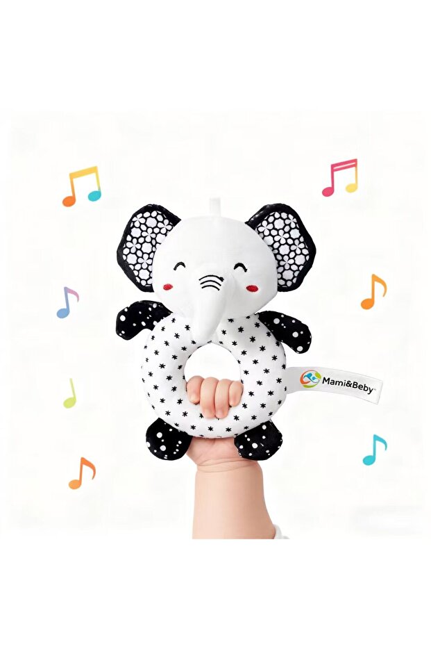 Elephant Baby Teething Rattle Toy with Squeaky Sound, Black and White Handheld Sensory Shaker for Ne