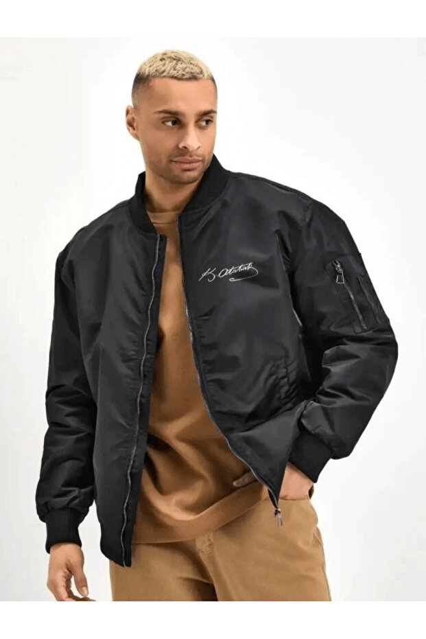 Unisex Long Sleeve Printed Bomber Jacket - Black