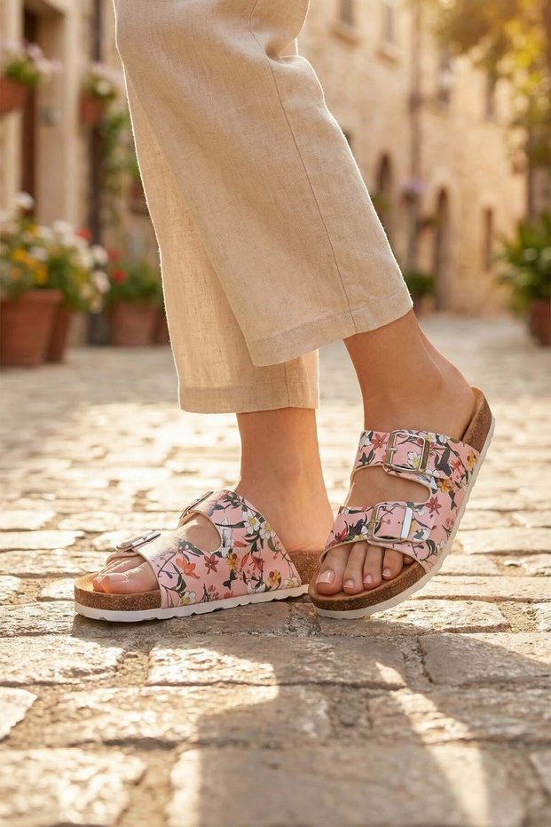 Summer Women's Faux Leather Cork PVC Comfortable Sole Adjustable Daily Slippers with Two Buckles