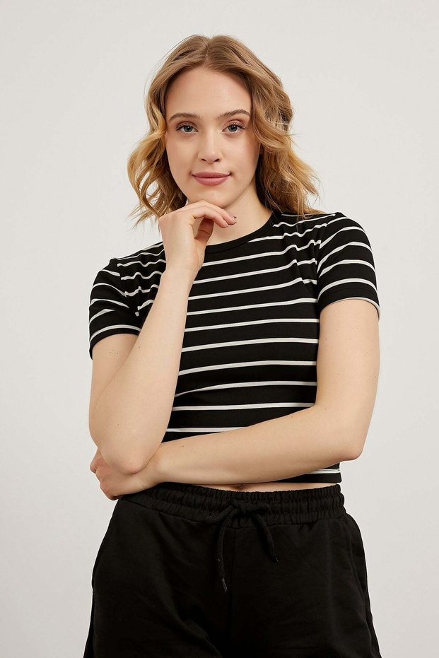 Women's Crew Neck Striped Tight Black Crop T-Shirt