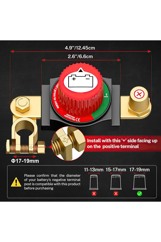 17-19mm 300A Car Battery Disconnect Switch Top Post Battery Disconnect Switch 12V-48V Battery Cut/Sh
