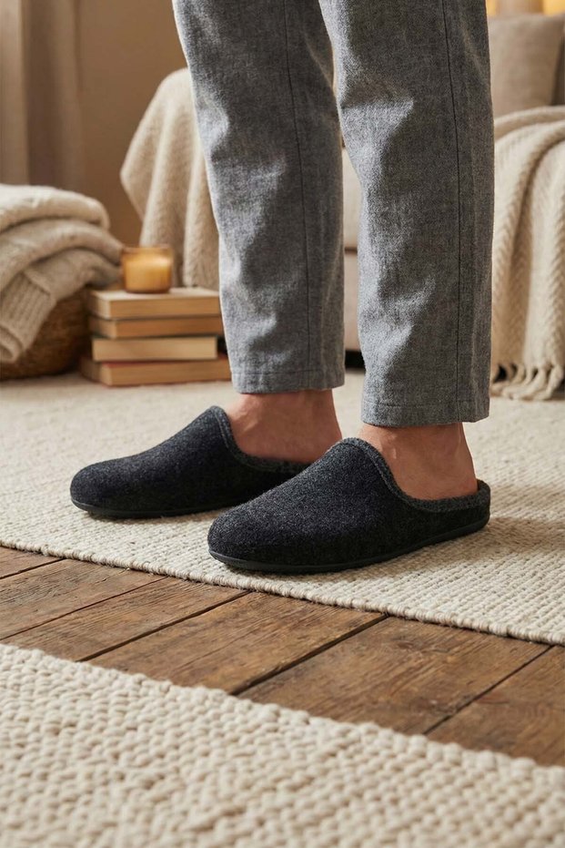 Men's Winter Slippers with Removable Insole, Genuine Leather, Pvc Sole, Felt Home Garden Slippers