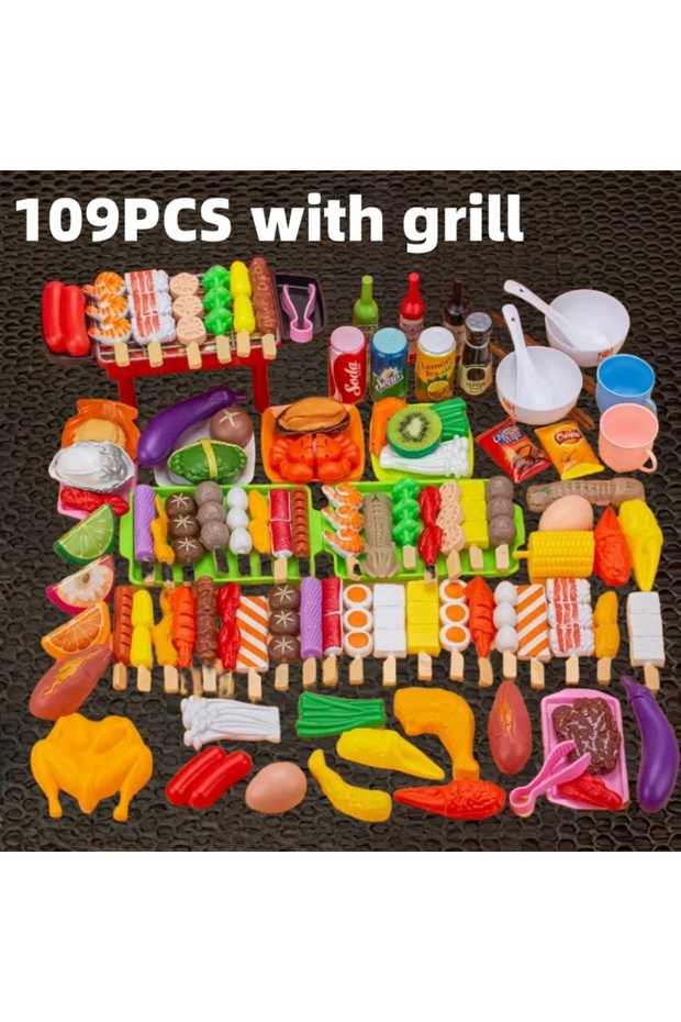 109pcs with grill Baby Dress Up Kitchen Toys BBQ Set Kids Simulated BBQ Cookware Cooking Simulated F