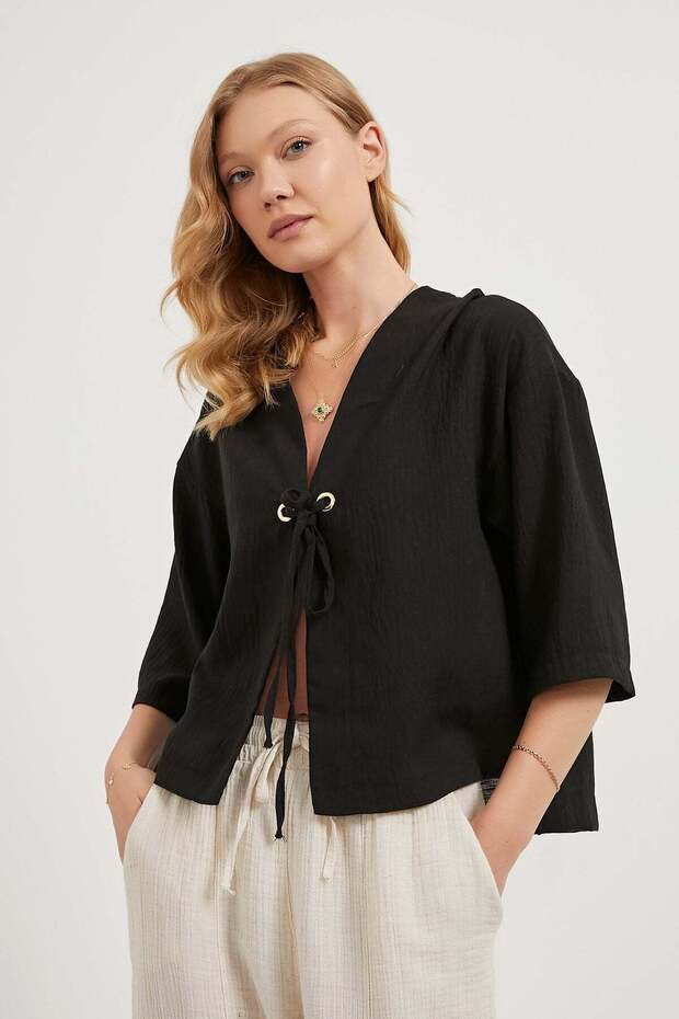 Women's Tie Detail Cotton Basic Loose Black Blouse