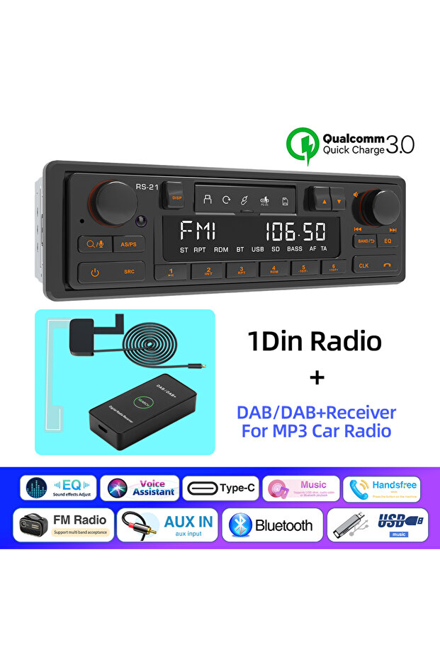 راديو سيارة ريترو 1DIN مع مستقبل DAB، مشغل MP3، ستيريو، بلوتوث، FM، AM، RDS، يدعم QC3.0 لسيارات بورش