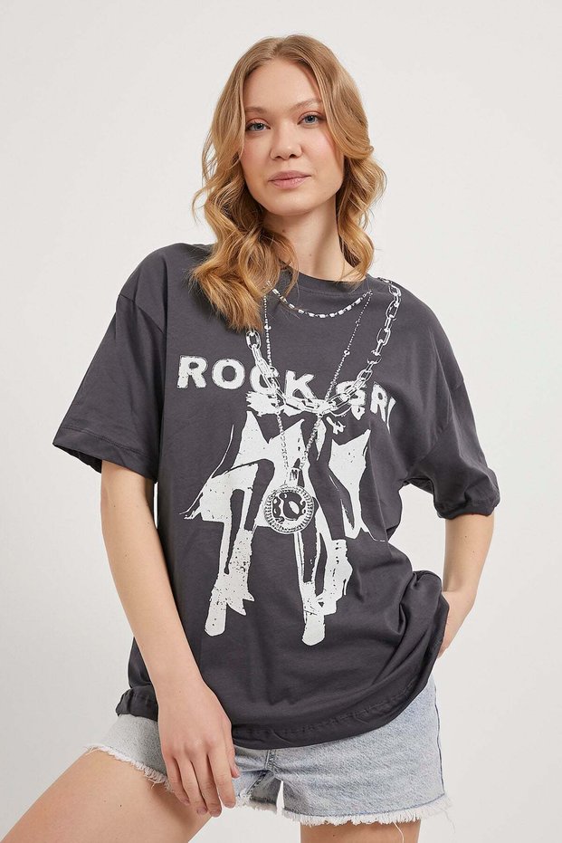 Women's Rock Girl Printed Crew Neck Smoked T-Shirt