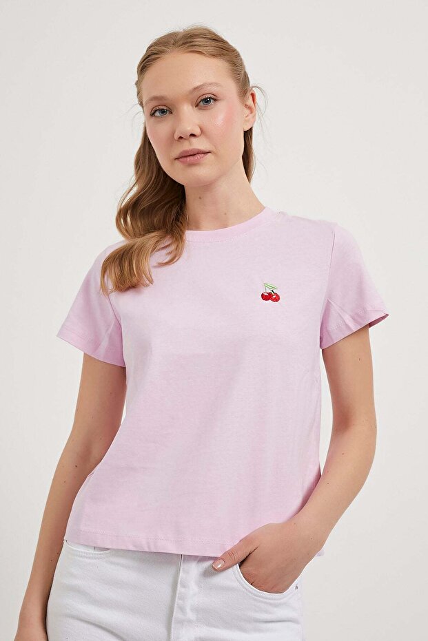 Women's Cherry Patterned Crew Neck Pink Loose T-Shirt