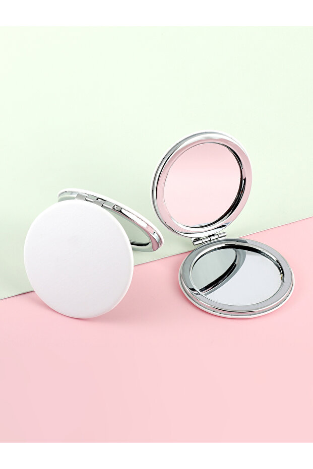 0079-RO-WH 1PC White PU Square Double Sided Folding Makeup Mirror with 2x Magnification HD Glass Per