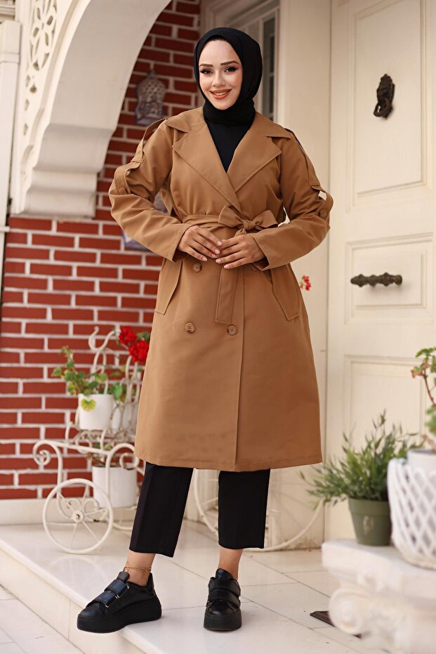 Shoulder Epaulet Detailed Trench Coat Camel 4428