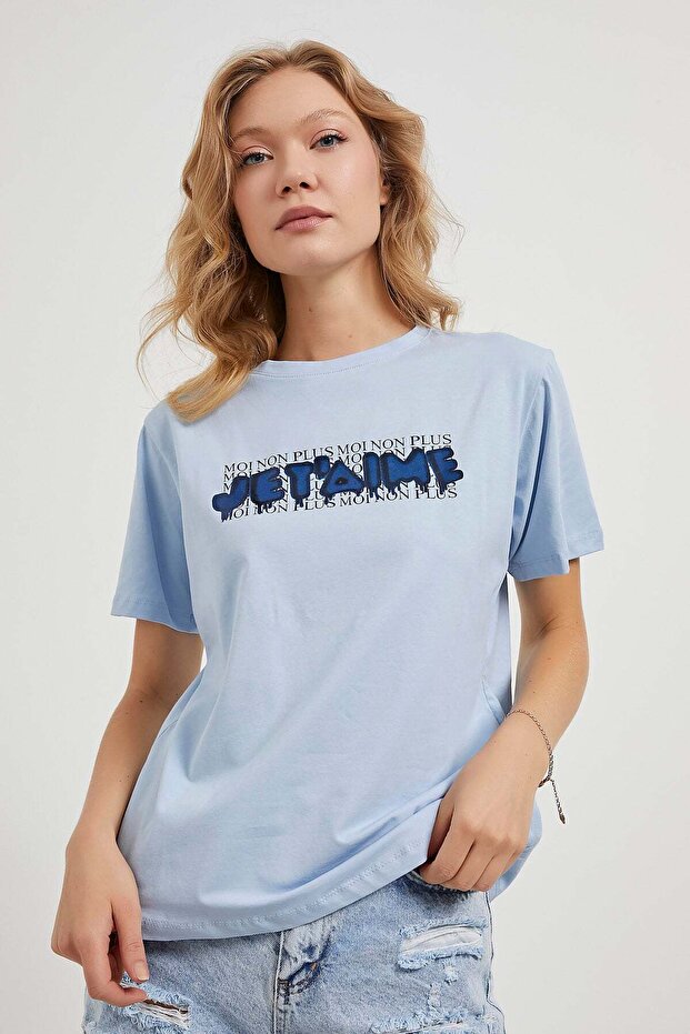 Women's Text Printed Crew Neck Blue Loose T-Shirt