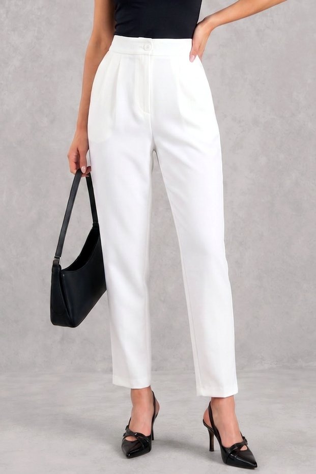 White Narrow Leg Women's Trousers Pleated High Waist Buttoned Zippered Seasonal Fabric
