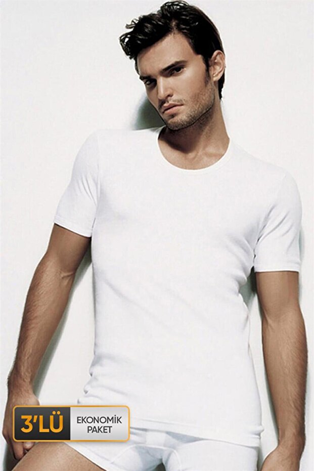 Men's White 3-Piece Ribbed Crew Neck T-shirt Undershirt 840
